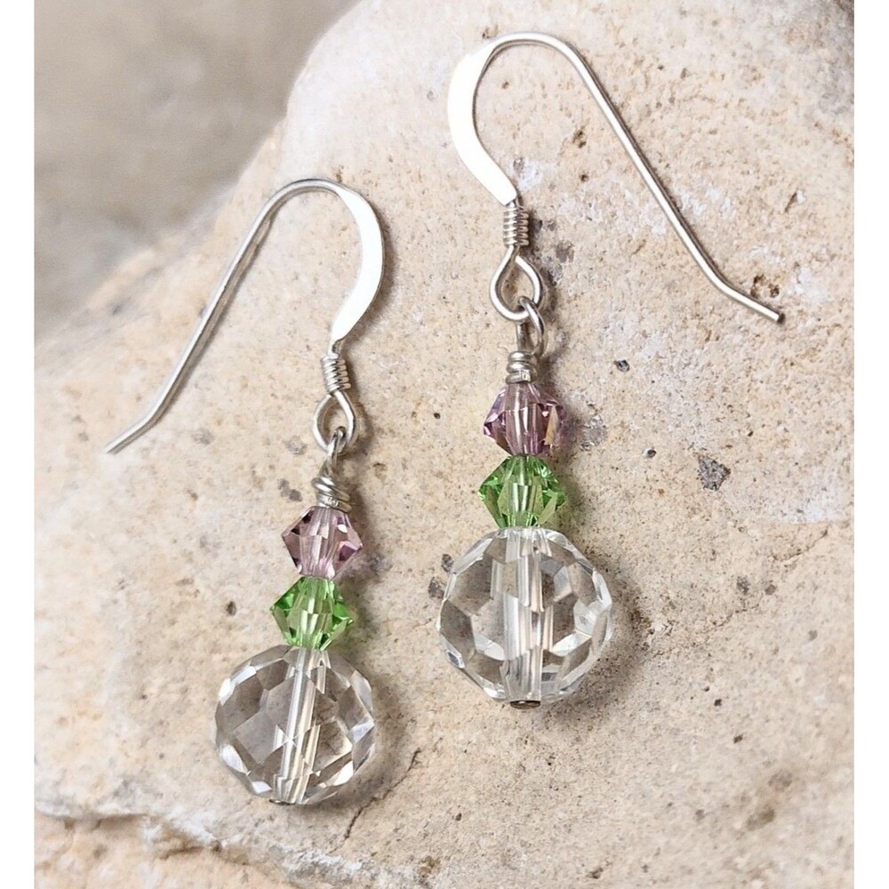 Sterling Silver Pink Green Crystal Beaded Dangle Earrings